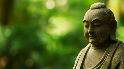 A close-up shot of a stone Buddha statue,  with a serene expression, set against a soft green, blurred background.