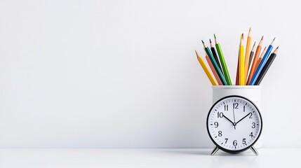 A vibrant pencil holder filled with colorful pencils beside a classic alarm clock on a bright, minimalist desk space