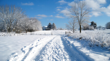 Fototapeta premium serene winter landscape featuring snowy field, winding path, and charming house in distance. bright blue sky and fluffy clouds enhance peaceful atmosphere