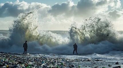 Two People Facing Large Waves on Polluted Beach

