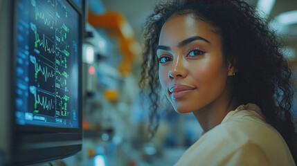 healthcare worker checking vital signs on a monitor, focus on patient safety and medical care