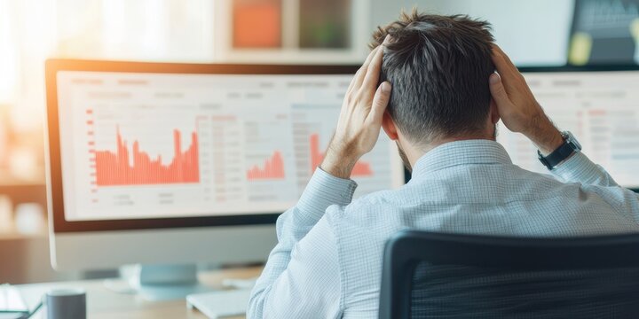 Stressed businessman with hands on head in front of computer screen.