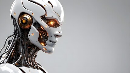 Fototapeta premium Futuristic robot, cyborg, isolated on white background with free space for text. 