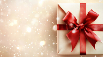 Brightly wrapped gift box with a red bow against a soft background