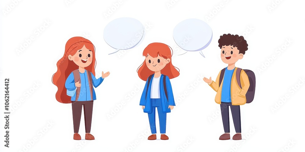 Poster three diverse characters engaging in conversation with speech bubbles.