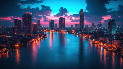 Fototapeta premium iconic city buildings with evening lights reflecting in the river, vibrant and modern city life