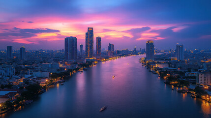 Fototapeta premium iconic city buildings with evening lights reflecting in the river, vibrant and modern city life