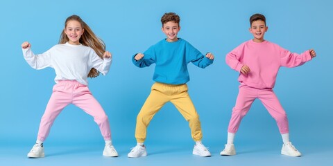Naklejka premium Three kids dancing joyfully against a bright blue background.