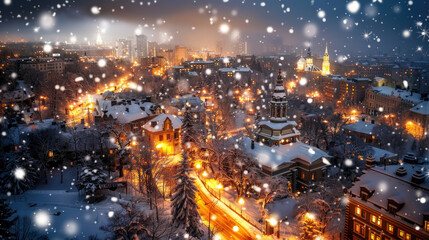 serene winter night scene showcases snow covered rooftops and chimneys in quiet village, illuminated by warm city lights and gentle snowfall, creating magical atmosphere