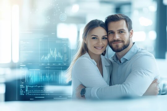 Couple embraces in an office setting with data visualizations around them - Powered by Adobe