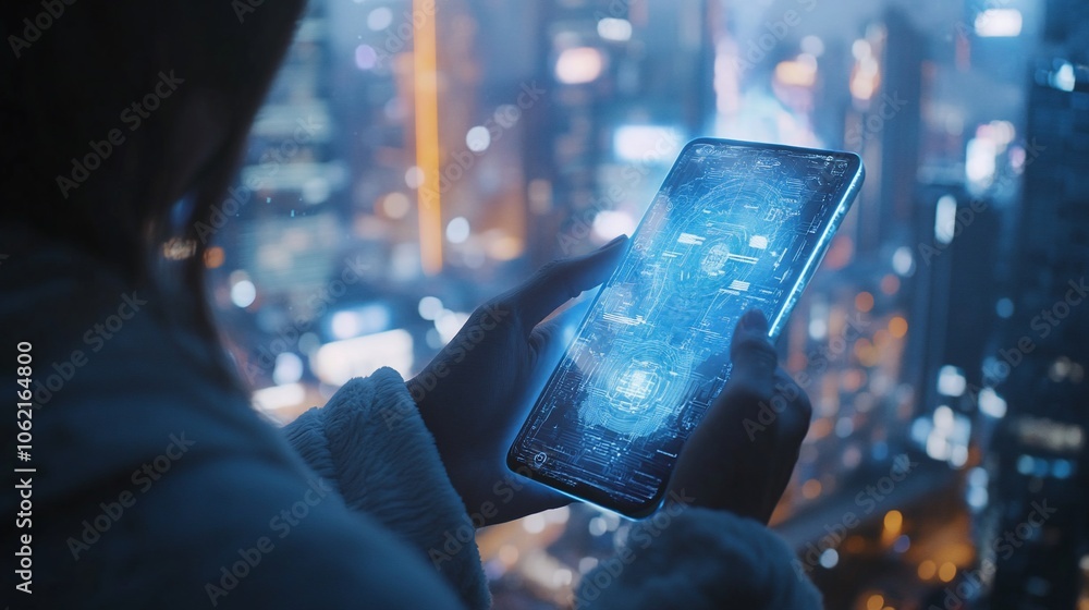 Poster a person uses a smartphone in a futuristic city with a glowing digital interface.