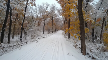 Obraz premium serene snow covered trail winds through tranquil forest, surrounded by trees adorned with golden leaves. peaceful atmosphere invites exploration and reflection