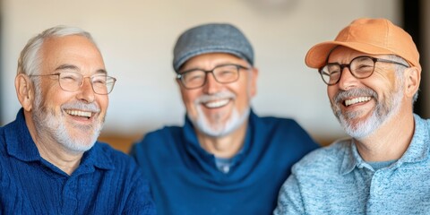 Three smiling senior men enjoying a cheerful moment together.