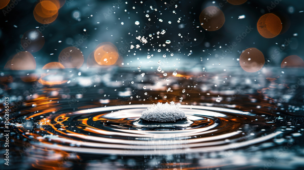 Aufkleber droplets of water create mesmerizing ripples on surface of lake, with soft bokeh lights in backgroun