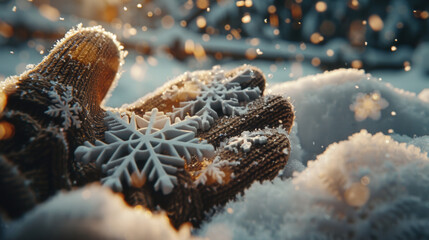 Cozy winter scene with snowflakes resting on woolen mitten, capturing essence of serene snowy day. warm light enhances magical atmosphere of moment