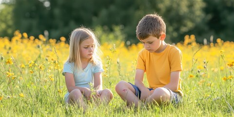 Fototapeta premium Two children sitting in a field of flowers, enjoying a tranquil moment together.