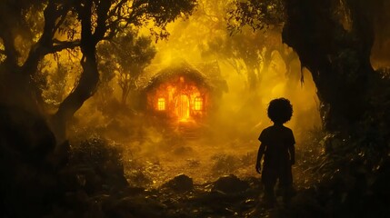 Obraz premium Lonely child observing illuminated mystical house in a dark forest