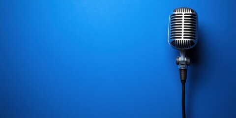 Fototapeta premium Vintage microphone on blue background, perfect for musical or podcast themes.