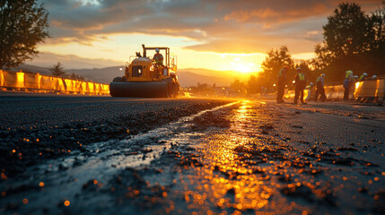 road construction workers laying fresh asphalt, organized workflow under the sun