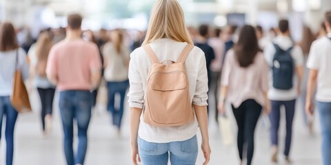 Naklejka premium Woman walking in a crowd with a backpack, blurred background, lifestyle scene.