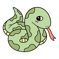 Adorable Cartoon Snake Vector Illustration. This illustration features a cute, light green snake with a playful, friendly expression. The snake has large, round eyes with a slight blush on its cheek, 