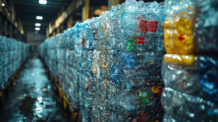 stacks of compacted plastic bottles at a recycling center, ready for processing, emphasis on sustainability
