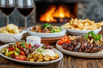 Obraz premium Deliciously Grilled Steak and Fresh Vegetables Complemented by Rich Sauces and Satisfying Sides for an Unforgettable Dining Experience