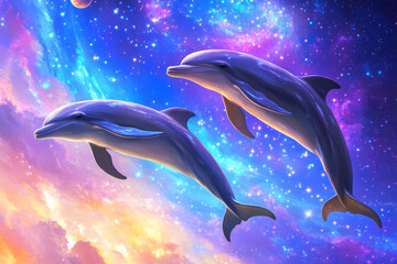 Dolphins swimming gracefully in a vibrant cosmic background at twilight