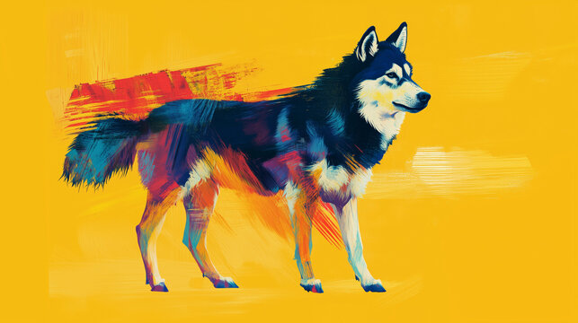 huskey colourful art. illustration on yellow background