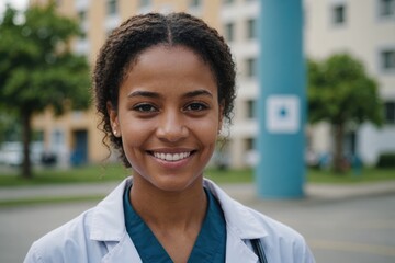 Close portrait of a smiling young Dominican woman doctor looking at the camera, Dominican hospital blurred background