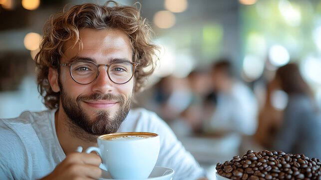 Coffee Shop Charm: A young man with curly hair and glasses enjoys a warm cup of coffee in a bustling cafe. The image evokes feelings of comfort, relaxation, and simple pleasures. - Powered by Adobe