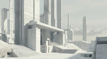 Ultra-Detailed 3D Render of Brutalist Industrial Landscape with Massive Concrete Structures and Dramatic Sky