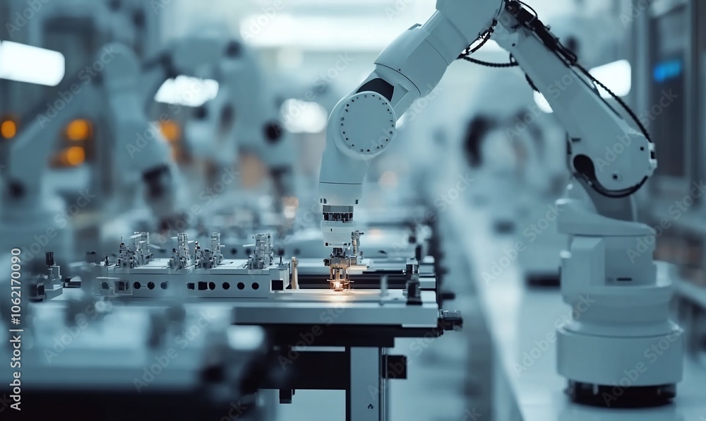 Aufkleber a robotic arm in a factory, working on an assembly line.