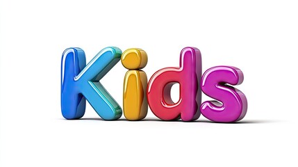 Vibrant 3D text spelling Kids in colorful letters on a bright white background, perfect for playful themes or children's content
