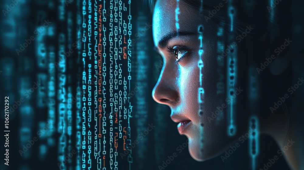 Poster woman analyzes data through digital matrix while exploring technology and innovation in a futuristic
