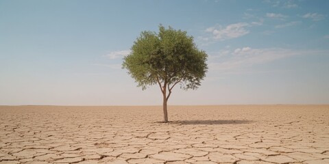 A lone tree standing on cracked dry earth under a clear blue sky.