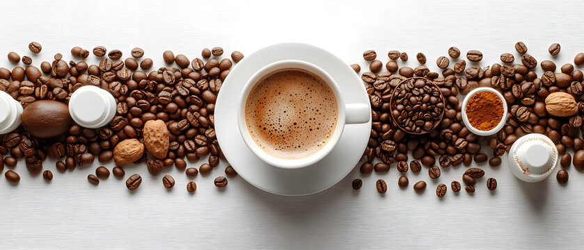 Coffee Break Bliss: Aromatic coffee beans, a steaming cup of coffee, chocolate, and supplements create a delightful visual composition. Perfect for blogs, websites, or social media related to health.