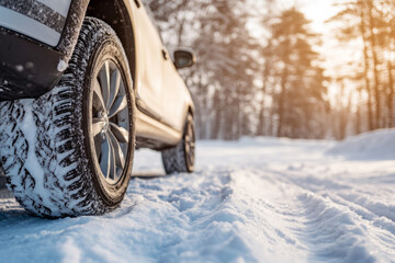 Snow-covered winter road with an off-road vehicle in a forest setting