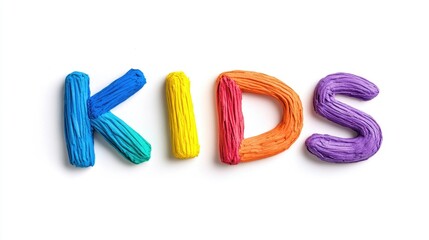 Brightly colored letters spelling kids crafted from vibrant plasticine on a clean white background showcasing playful creativity