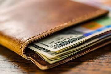 Brown Leather Wallet with Cards and Money

