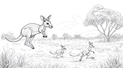 A Mother Kangaroo and Two Joey Kangaroos in the Australian Outback