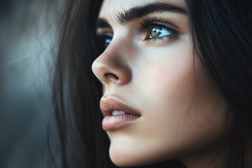 Fototapeta premium A side profile of a woman with long hair, capturing her serene expression and natural beauty