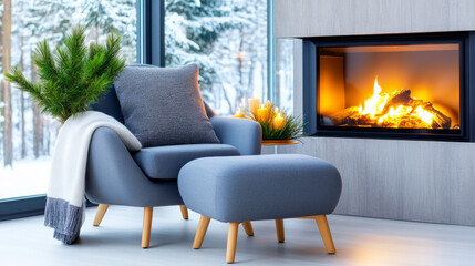 Fototapeta premium Cozy winter corner with a stylish chair and glowing fireplace in a snowy setting