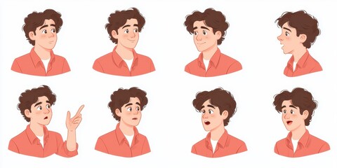 Collection of expressive facial poses of a young man on white background.