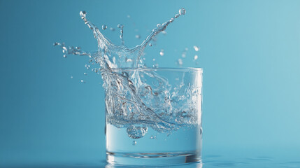 Splashing water in a clear glass against a blue background
