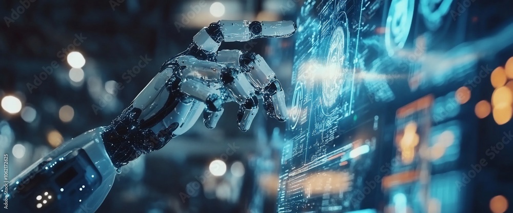 Poster a robotic hand interacts with a digital interface, with a futuristic blue and orange glow in the bac