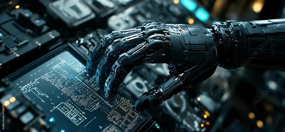 Poster a robotic hand interacts with a futuristic interface, highlighting the potential of artificial intel