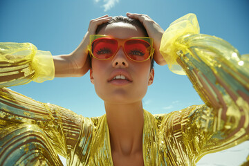 Model in vibrant yellow sequined dress with red oversized sunglasses, posing under a bright sunny sky. Bold fashion editorial with a strong summer vibe and glamorous flair. © Femmes.Digital