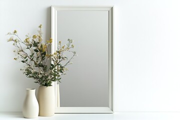 Minimalist setup with flowers in vases and empty frame.