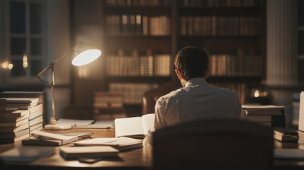 Medical Student Studying at Night with Textbooks and Notes